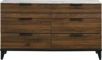 6 Drawers Faux Marble Top Dresser with Tapered Legs in Walnut and Black