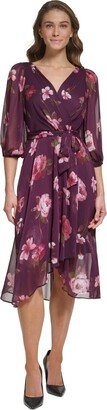 Petite Floral-Print Balloon-Sleeve Faux-Wrap Dress