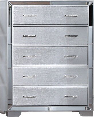 Koi 51 Inch Pine Wood Tall Dresser Chest, 5 Drawers, Mirror Trim, Silver