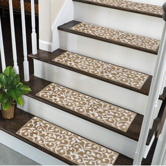 Leaves Collection Stair Treads Non-Slip Carpet Stair Treads for Wooden Steps, 9 X 28, Pack of 10, Beige & White