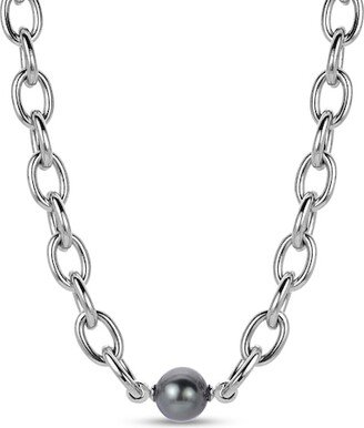 Men's 10.0-11.0mm Black Cultured Tahitian Pearl Cable Chain Necklace in Sterling Silver - 20