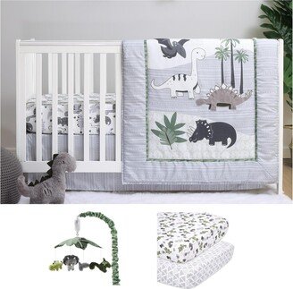 The Green Dino 6 Piece Baby Nursery Crib Bedding Set, Quilt, Crib Sheets, Crib Skirt, Mobile - Green/ivory/grey