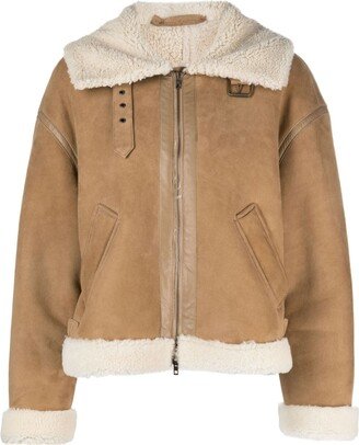 Leather Buckle-Collar Shearling Jacket