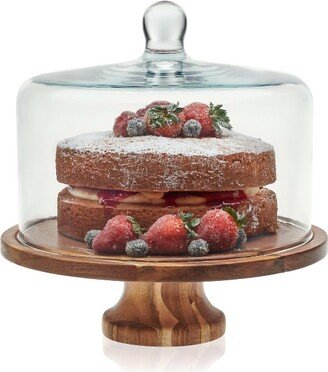 Acaciawood Footed Round Wood Server Cake Stand with Glass Dome