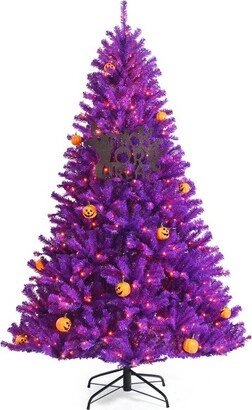 Tangkula 6Ft Artificial Purple Christmas Tree, Prelit Purple Halloween Tree w/ 400 Orange LED Lights & Pumpkin Ornaments