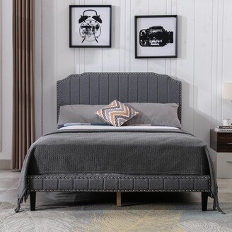 RASOO Modern Linen Platform Bed with Nailhead Trim - Easy Assembly