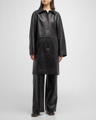 Uvon Long Leather Button-Front Overcoat-AA