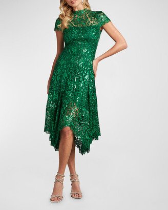 Mock-Neck Embroidered Sequin Midi Dress