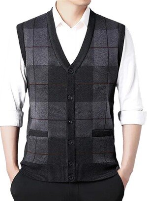 Dninmim Men's Plaid V-Neck Sweater Vest Autumn And Winter Casual Warm Cardigan Jumpers black gray9 4XL