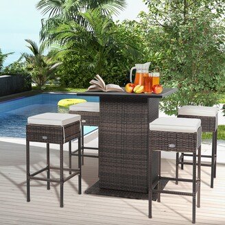 5PCS Patio Bar Set Rattan Bar Furniture Set w/ Table & 4 - See Details