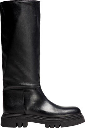 Leather Round Toe Boot Knee Boots Black