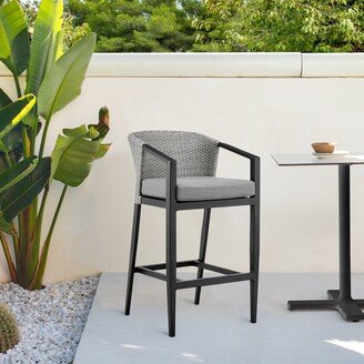 Aileen Outdoor Patio Counter Stool in Aluminum and Wicker with Grey Cushions