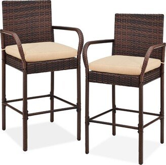 Best Choice Products Set of 2 Outdoor Wicker Bar Stools Chair w/ Cushion, Armrests for Patio, Pool, Deck - Brown