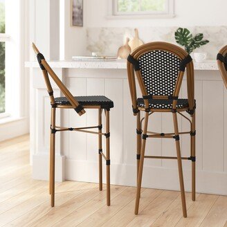 Merrick Lane Sacha Set Of Two Stacking French Bistro Bar Stools With PE Seats And Back And Bamboo Finished Metal Frames For Indoor/Outdoor Use