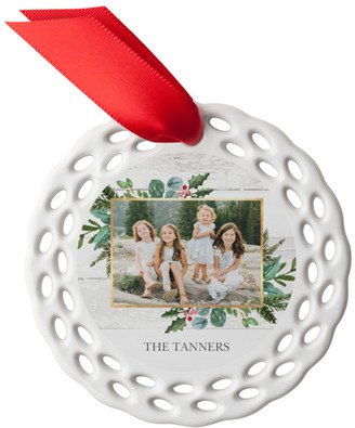 Ornaments: Botanical Corner Ceramic Ornament, White, Circle