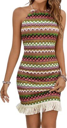 OAKITA jumpsuits for women Chevron Print Fringe Hem Dress Fashion Beauty unique Comfortable Charming (Color : Green