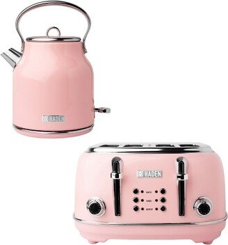 Heritage 1.7 Liter Stainless Steel Body Retro Electric Tea Kettle with Heritage 4 Slice Wide Slot Stainless Steel Toaster, Pink