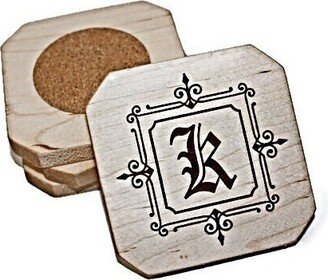 Medieval Monogram Coasters, Set Of 4 Wood Coasters With Engraved Goth Style Initial, Personalized New Home Gift, Hostess Gift Under 30