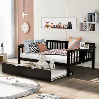 Wood Slat Support full size Daybed with Twin size Trundle in Espresso