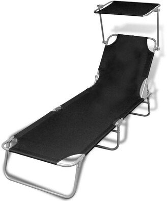 Folding Sun Lounger with Canopy Steel and Fabric Black - 74.4 x 22.8 x 10.6