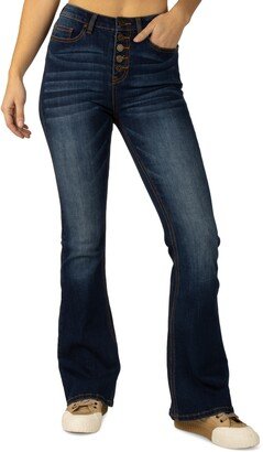 Juniors' High-Rise Exposed-Button Flare-Leg Denim Jeans