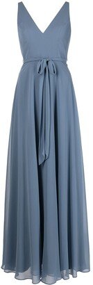 V-neck sash belt sleeveless gown