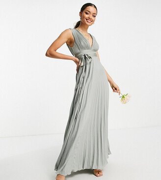 ASOS DESIGN Petite Bridesmaid pleated cami maxi dress with satin wrap waist in olive