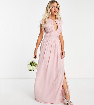 TFNC Petite Bridesmaids chiffon maxi dress with lace detail in mauve