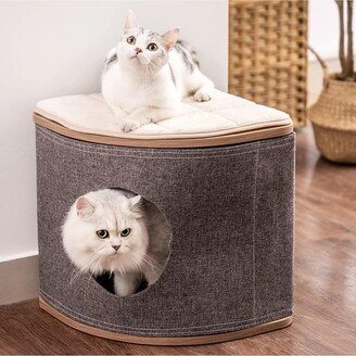 Robotime Wooden Cat House with 2 Removable Washable Cushions - Sturdy Large Cave for Cats