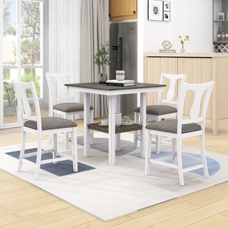 EHEK 5-Piece Farmhouse Counter Height Dining Set, Square Dining Table with Storage Shelf, 4 Upholstered Chairs for Small Space