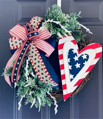 Patriotic Heart Wreath, Fourth Of July Rustic Wreath, Memorial Day Wooden Heart Decor, Military Wife Gift, Americana Front Door