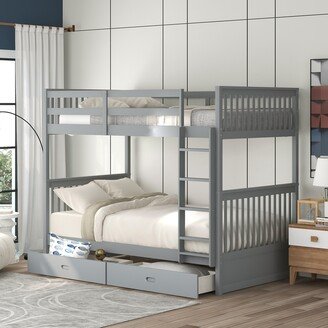 NINEDIN Twin Over Twin Bunk Bed with 2 Storage Drawers, Solid Wood Bedframe w/Ladders Guard Rail, for Kids Dorm Bedroom Guest Room, Gray