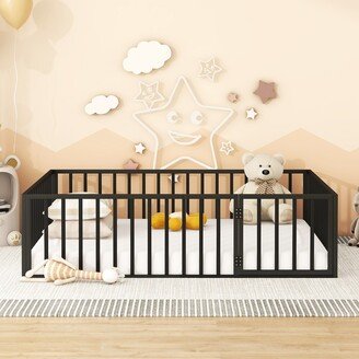 GREATPLANINC Toddler Floor Bed Queen Size Metal Platform Bed with Fence & Door, Black