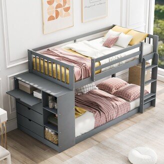 GEROJO Twin Low Bunk Bed with Attached Cabinet & Shelves