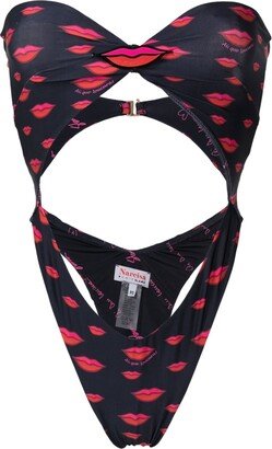 Lip-Print Cut-Out Swimsuit