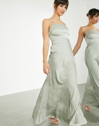 Bridesmaid satin square neck maxi dress with tie back in sage green