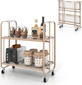 Tangkula 2-tier Foldable Kitchen Bar Cart Mobile Tempered Glass Serving Cart w/ Handle