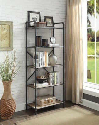 Five Tier Metal Bookshelf With Wooden Shelves and Piped Frame, Brown & Gray - 63 H x 14 W x 26 L Inches