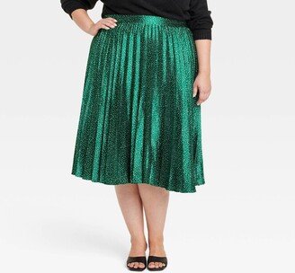 Women' Pleated Satin Midi A-Line Skirt Green Polka Dot 2X