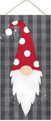 Red White Gnome Christmas Plaque, On Cool Grey Plaid, 12.5H X 6L, Paper Board