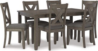 7 Piece Dining Table Set, Lattice Back Chairs, Dark Gray Wood, Polyester