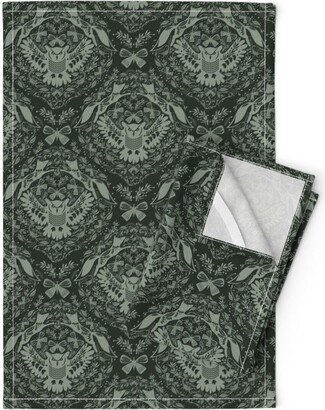 Wild Animals Tea Towels | Set Of 2 - Nocturnal Damask By Famenxt Sage Green Woodland Forest Linen Cotton Spoonflower