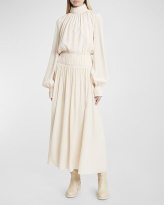 Gathered Turtleneck Long-Sleeve Crepe De Chine Maxi Dress