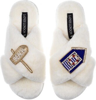 Laines London Classic Laines Slippers With Beach Hut & Beach Sign Brooches - Cream