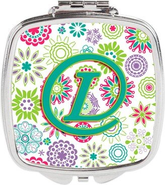CJ2011-LSCM Letter L Flowers Pink Teal Green Initial Compact Mirror