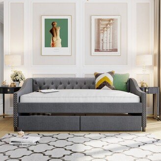 EDWINRAY Full Size Daybed with Storage Drawers, Upholstered Daybed with Wood Slat Support, Linen Fabric, No Box Spring Needed, Grey