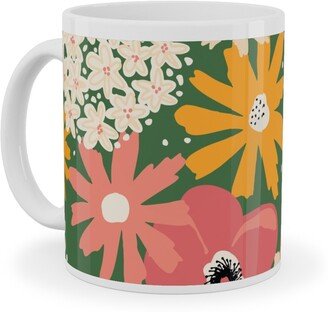 Mugs: Summer Florals - Green Pink White And Orange Ceramic Mug, White, 11Oz, Multicolor