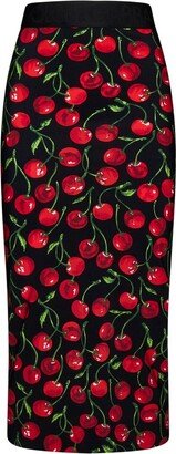 Cherry-Printed High-Waist Midi Pencil Skirt