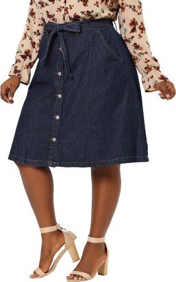 Agnes Orinda Agne Orinda Women' Plu Size Denim Tie Wait Button Front A-Line Midi Skirt Dark Blue 1X