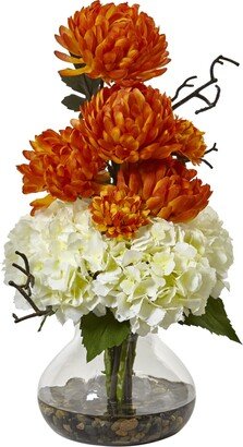 Hydrangea and Mum in Vase - White/Orange